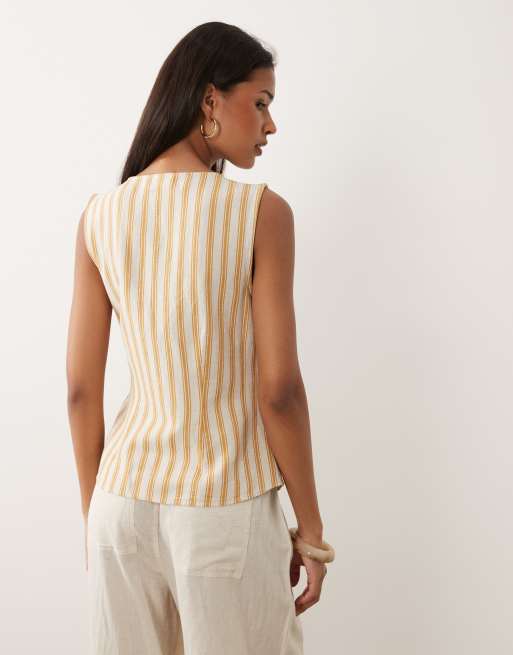 VILA linen mix tie front sleeveless top in amber gold stripe, 4 of 4