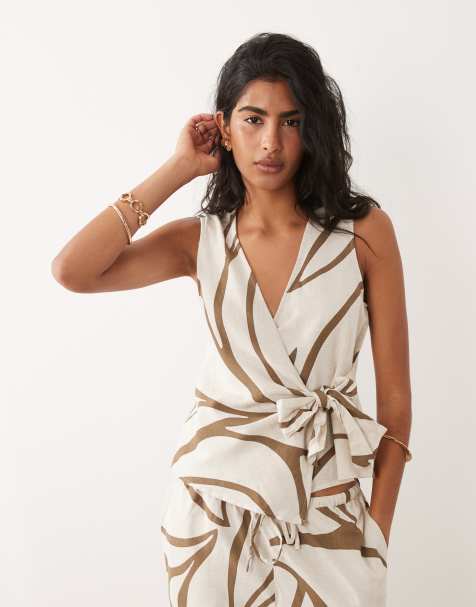 VILA linen mix tie front sleeveless top in brown floral print - part of a set - view 1