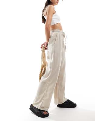 Vila Linen Mix Tie Waist Wide Leg Pants In Stone-neutral