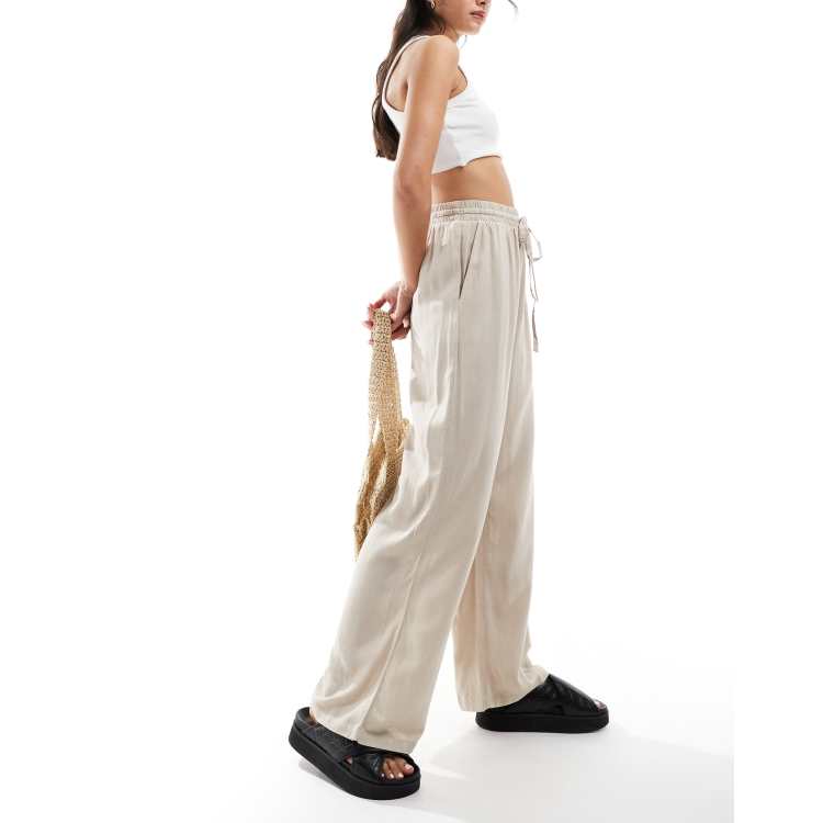 Vila linen mix tie waist wide leg pants in stone | ASOS