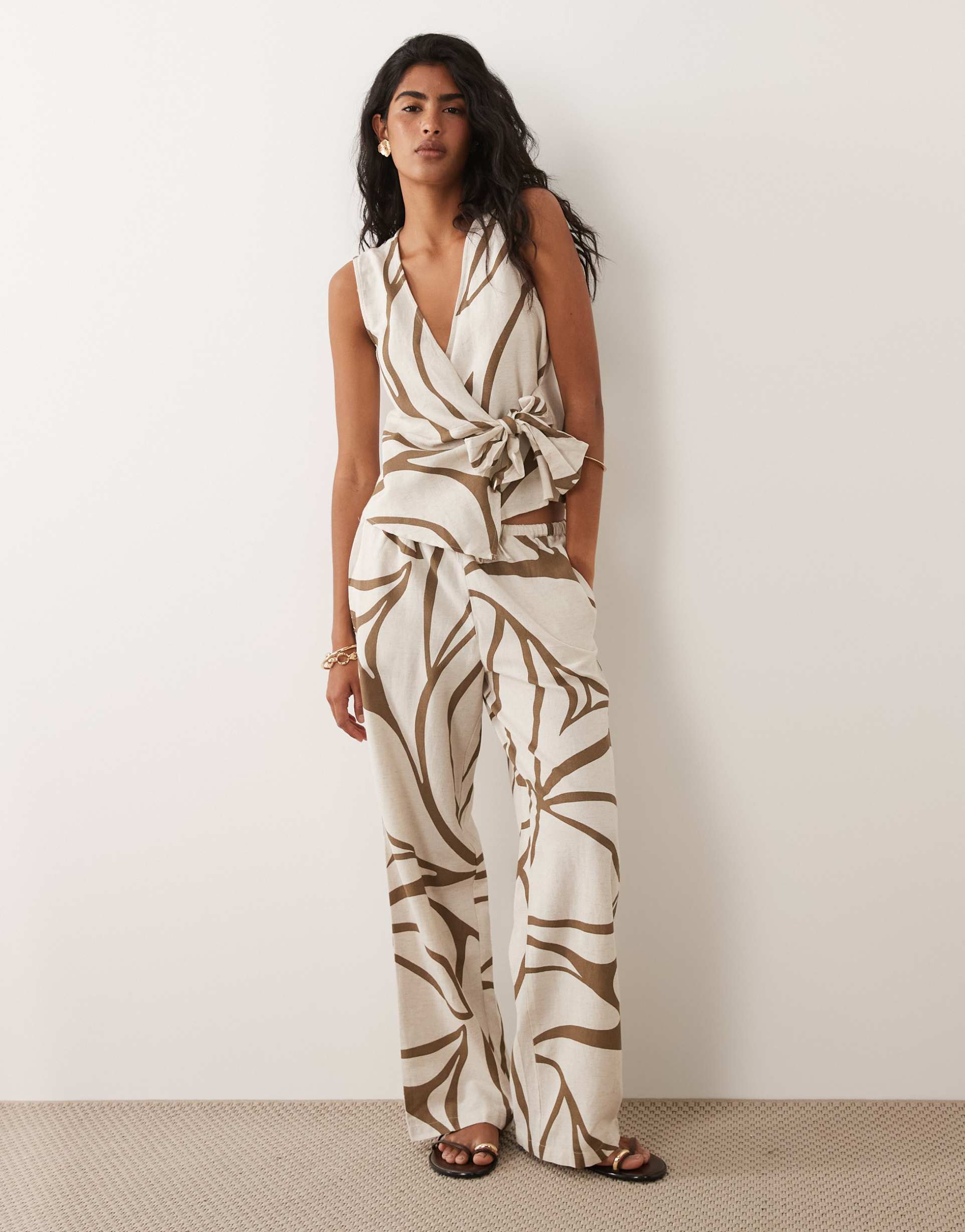 vila linen mix wide leg pants in brown floral print - part of a set