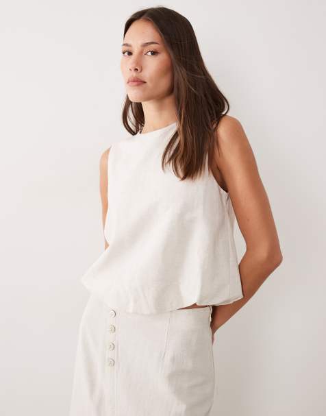 Vila linen touch balloon hem sleveless top co-ord in super light natural melange - view 1
