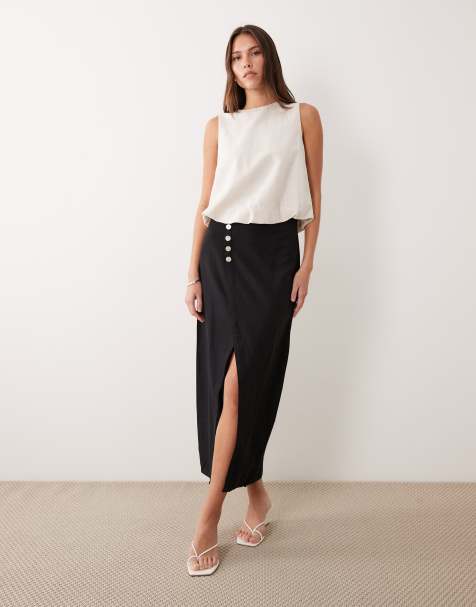 Vila linen touch button front midi skirt in black