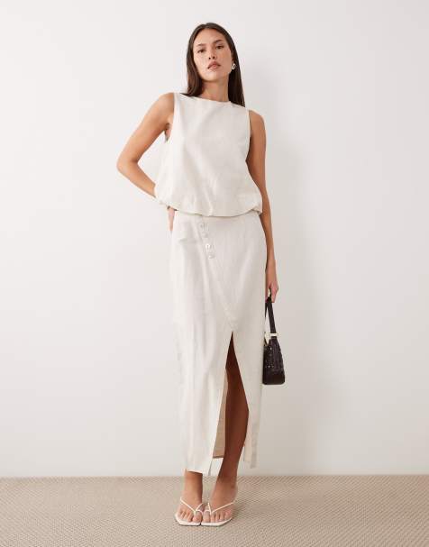 Vila  linen touch button front midi skirt in super light natural melange