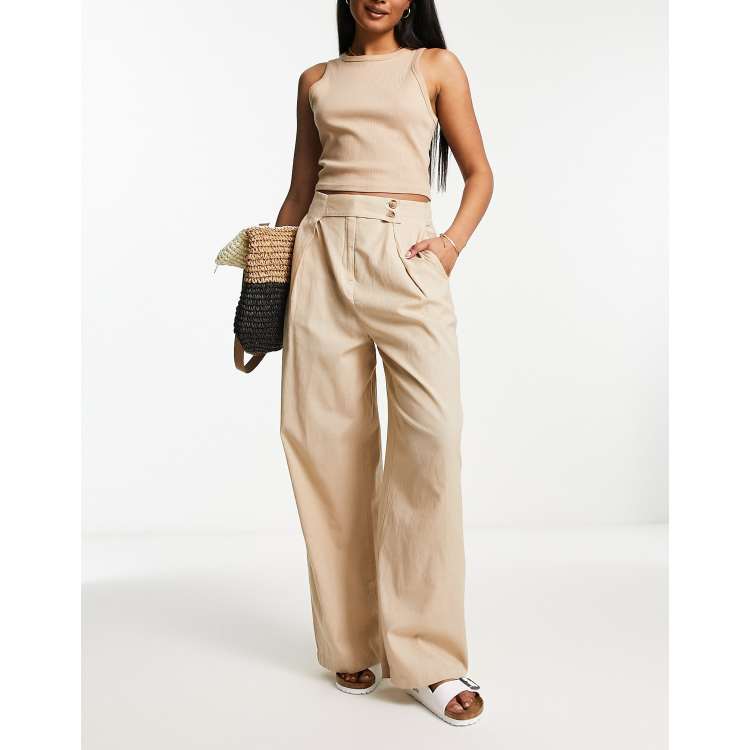 Vila linen touch button tab wide leg pants in beige | ASOS
