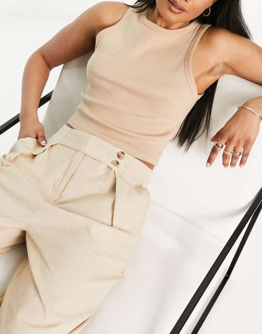 Vila linen touch button tab wide leg pants in beige