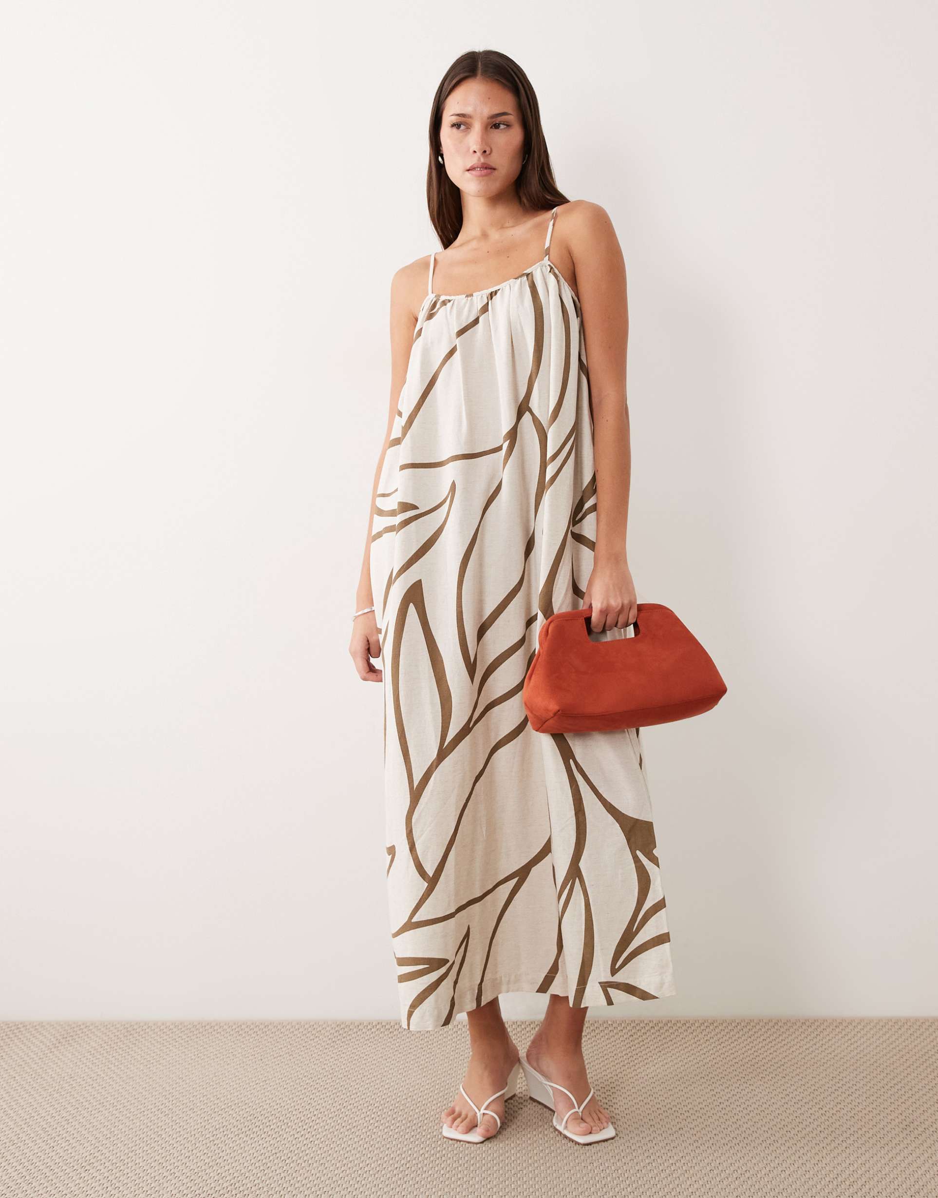 vila linen touch cami maxi dress in brown floral print