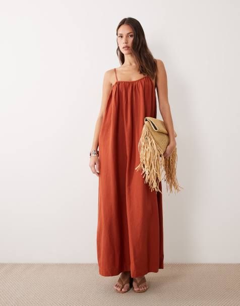 Vila linen touch cami maxi dress in burnt brick
