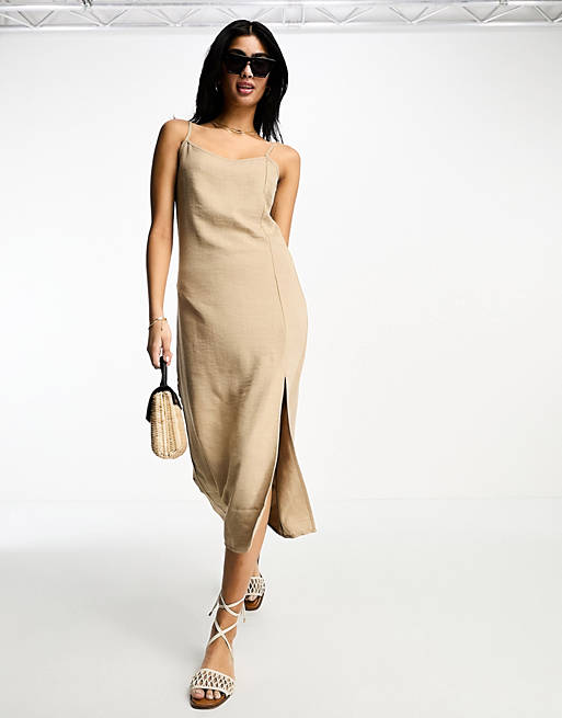 Vila linen touch cami midi dress with slit front in camel