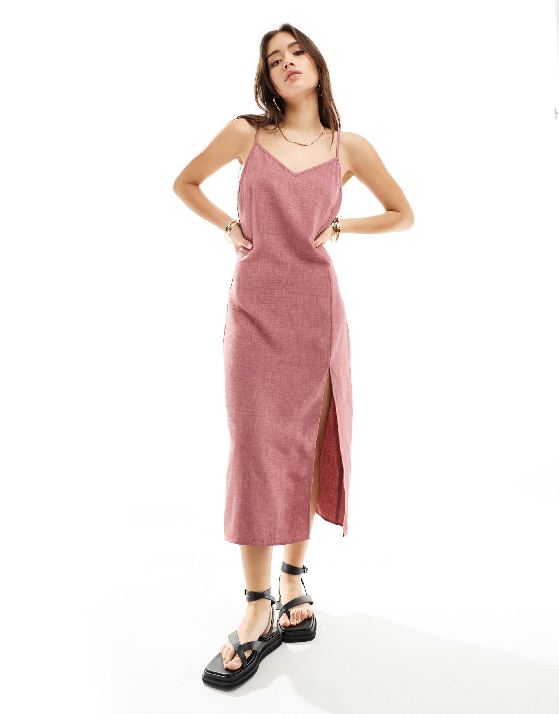 vila linen touch cami midi dress with slit front in dusky pink