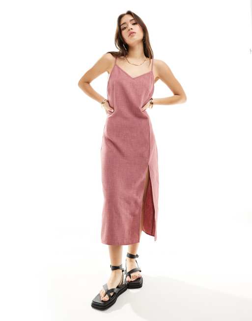 Vila linen touch cami midi dress with slit front in dusky pink