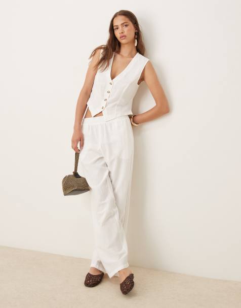 Vila linen touch cropped tailored waistcoat and wide leg trousers set in white - view 1