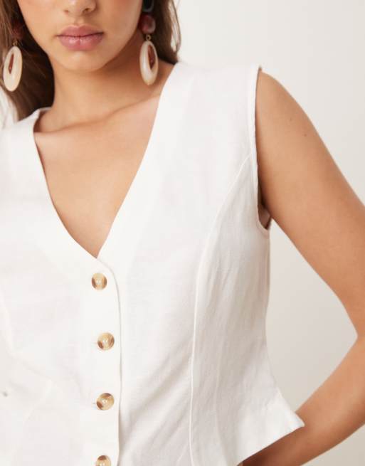 Vila linen touch cropped tailored waistcoat co-ord in white, 4 of 4
