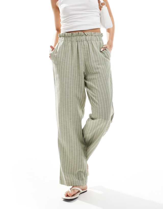 Vila - linen touch pinstripe wide leg trousers in green