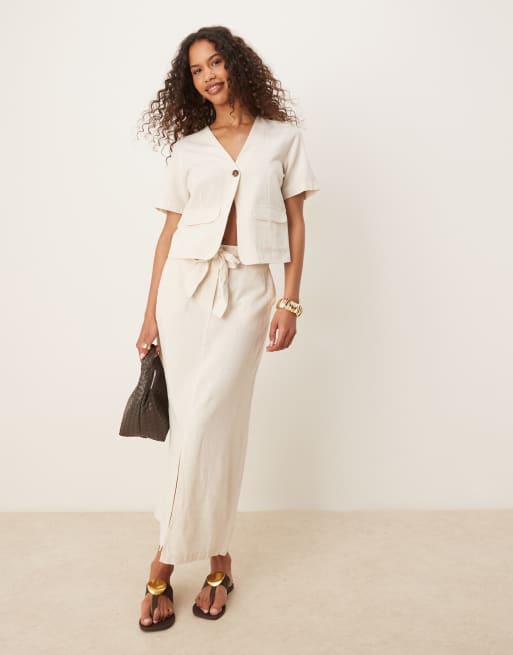 Vila linen touch short sleeve button front top co-ord in cream melange, 3 of 4
