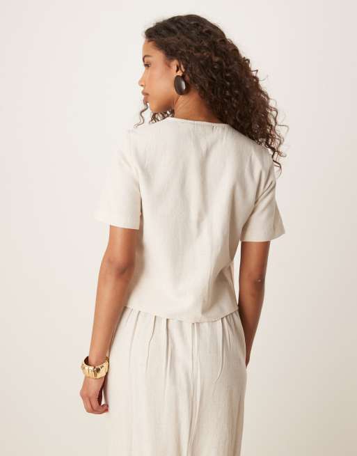 Vila linen touch short sleeve button front top co-ord in cream melange, 4 of 4