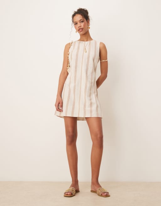 Vila linen touch sleeveless mini dress in cream & tan stripe, 2 of 4