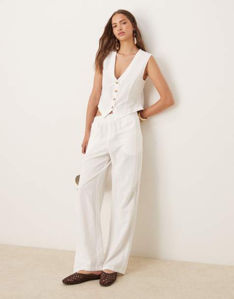 Vila linen touch tailored wide leg trouser co-ord in white - view 1
