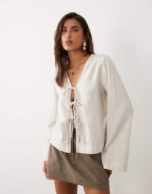 Vila Linen Touch Tie Front Cardigan In Neutral