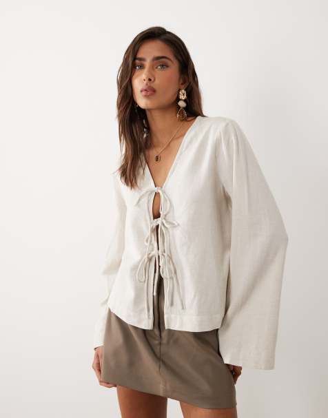 Vila linen touch tie front cardigan in super light natural melange - view 1