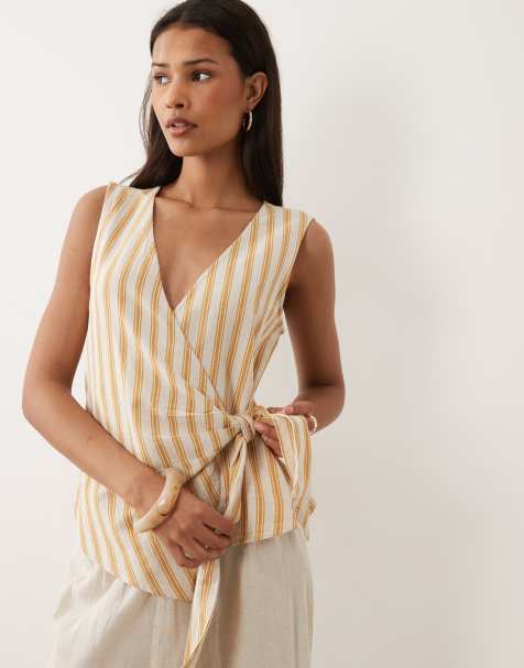 Vila linen touch tie front sleeveless top in amber gold stripe - view 1
