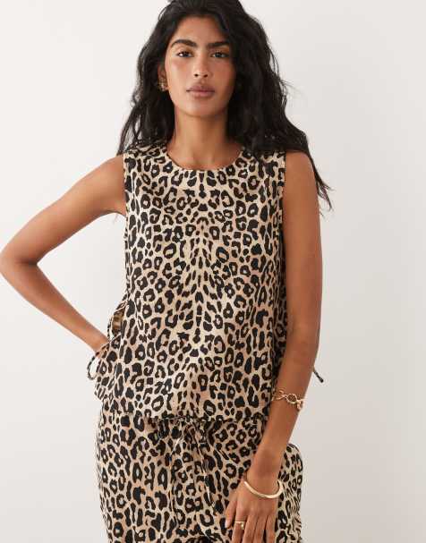 Vila linen touch tie side sleeveless top co-ord in leopard print - view 1