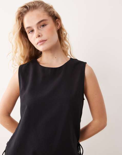VILA linen touch tie side sleeveless top in black - view 1