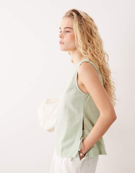 Vila linen touch tie side sleeveless top in smoke green