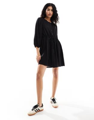 Vila linen touch tie waist mini dress in black