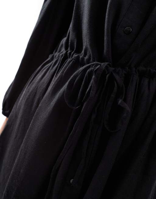 Vila linen touch tie waist mini dress in black