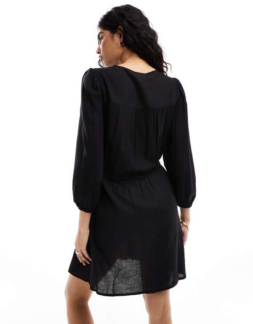 Vila linen touch tie waist mini dress in black