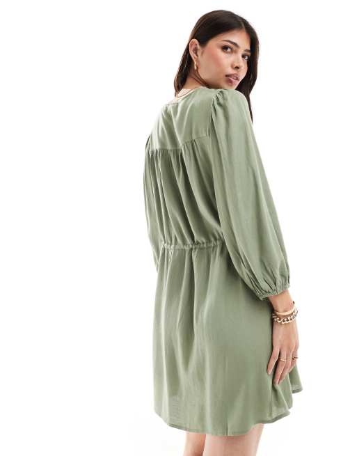 Vila linen touch tie waist mini dress in khaki