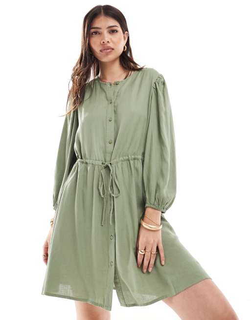 Vila linen touch tie waist mini dress in khaki