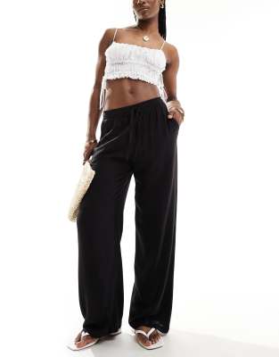 linen touch tie waist wide leg pants in black