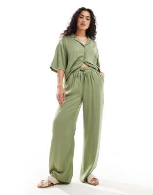 linen touch tie waist wide leg pants in green - part of a set