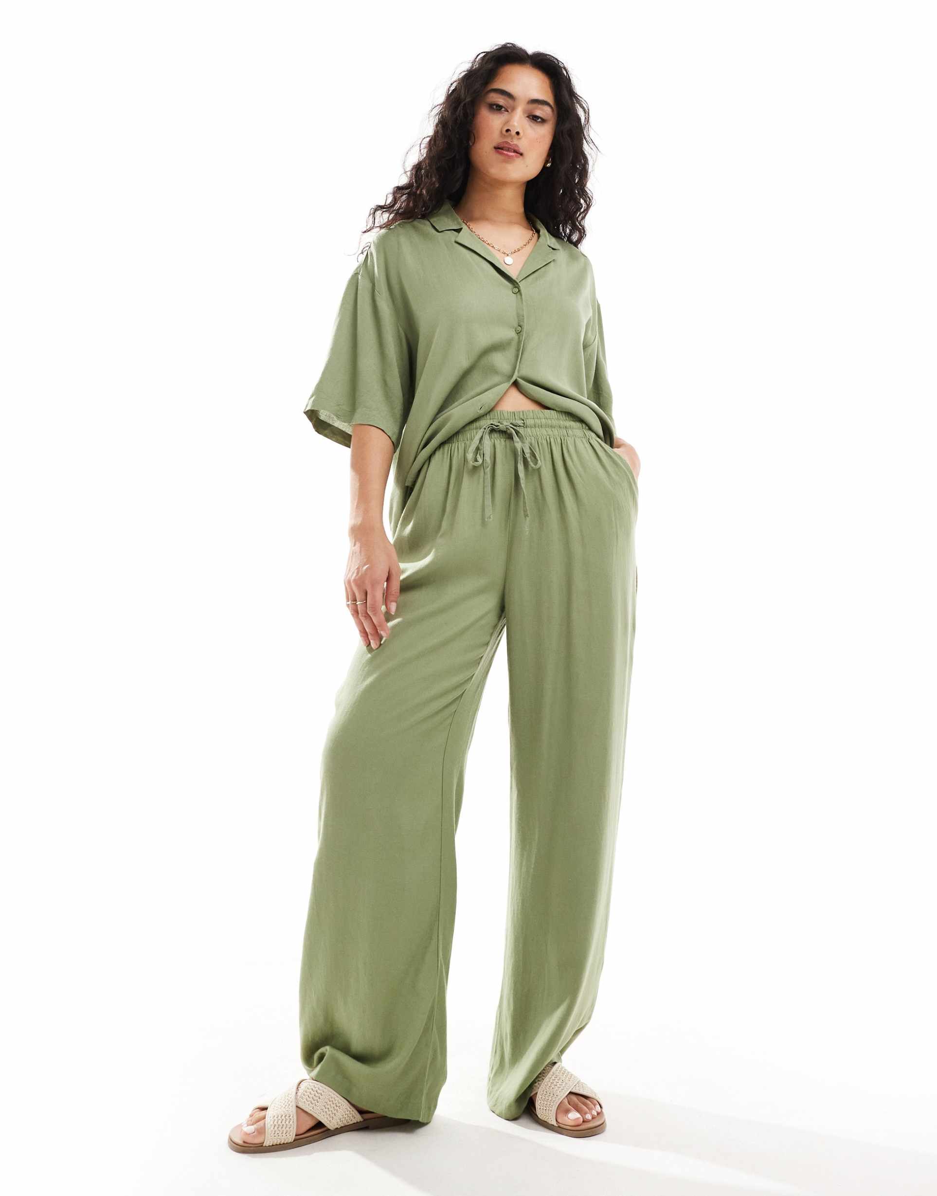vila linen touch tie waist wide leg pants in green - part of a set