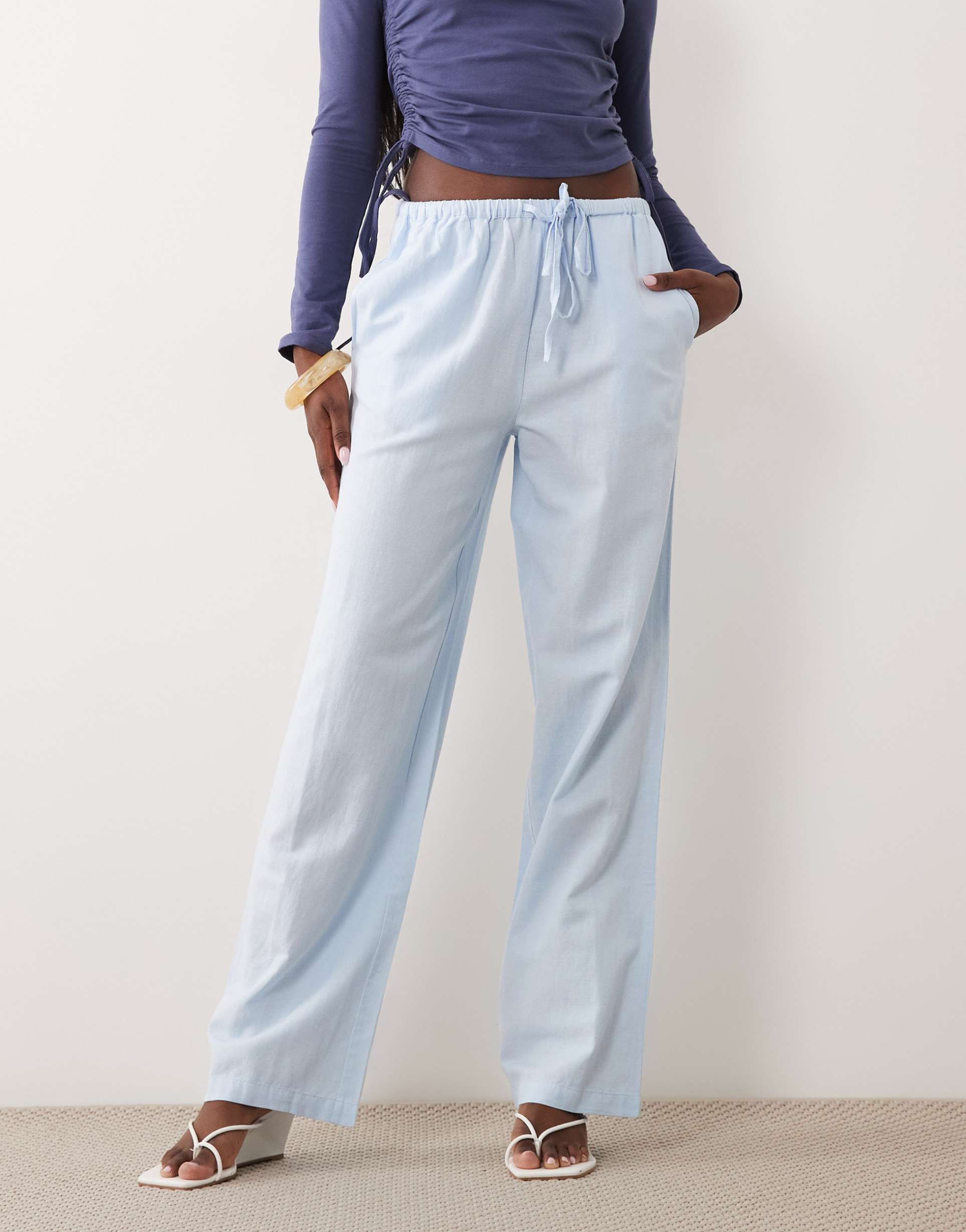 vila linen touch tie waist wide leg pants in light blue