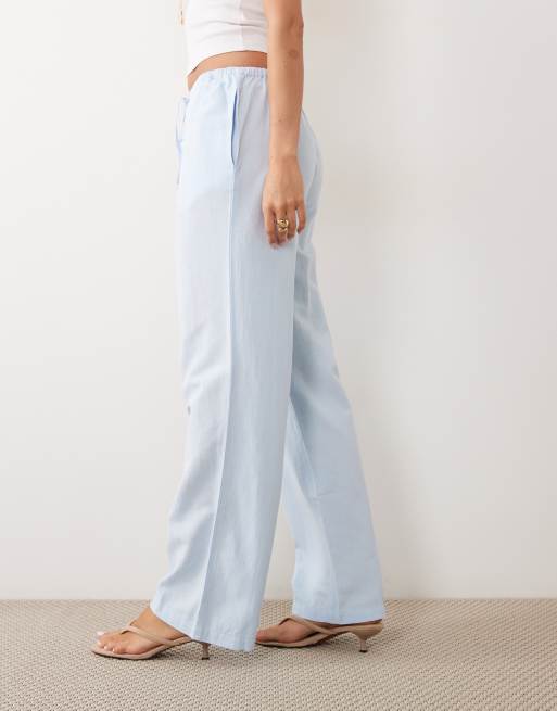 VILA linen touch tie waist wide leg pants in light blue, 2 of 5