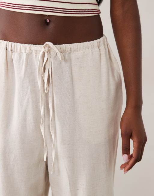 VILA linen touch tie waist wide leg pants in super light natural melange, 3 of 5