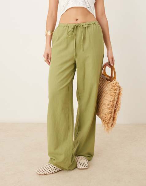 Vila linen touch tie waist wide leg trouser in sage green - view 1