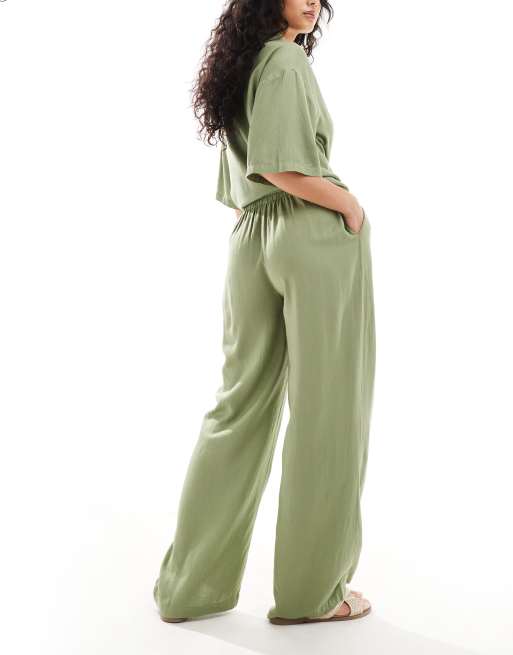 Vila linen touch tie waist wide leg trousers co-ord in green, 2 of 5