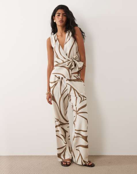 VILA linen touch wide leg pants in brown floral print (part of a set) - view 1