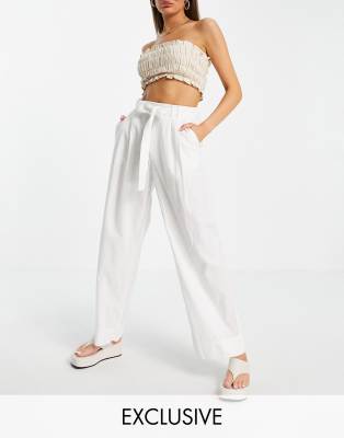 Vila linen touch wide leg pants in white