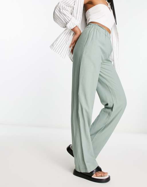 Vila linen touch wide leg pull on pants in sage green