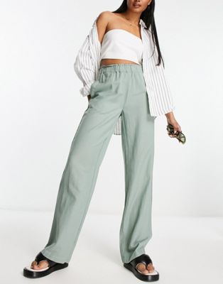 Vila linen touch wide leg pull on trousers in sage green