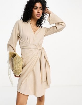 Vila linen touch wrap front mini dress in beige - ASOS Price Checker