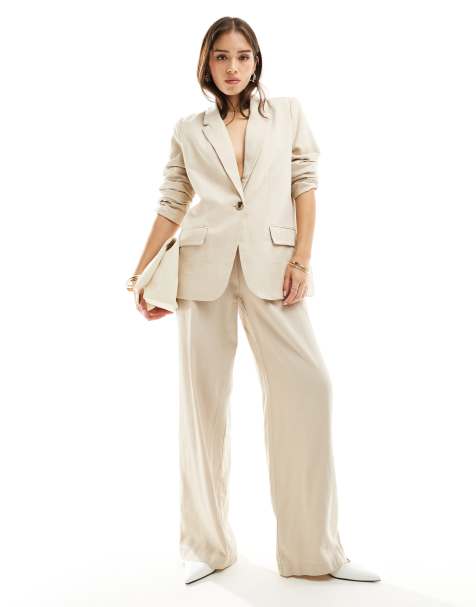 Vila linen wide leg pants in oatmeal (part of a set) - view 1
