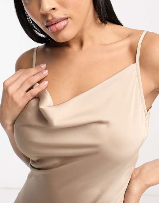 Vila - L'invitée - Robe caraco mi-longue en satin nouée dans le dos - Champagne, 3 de 4