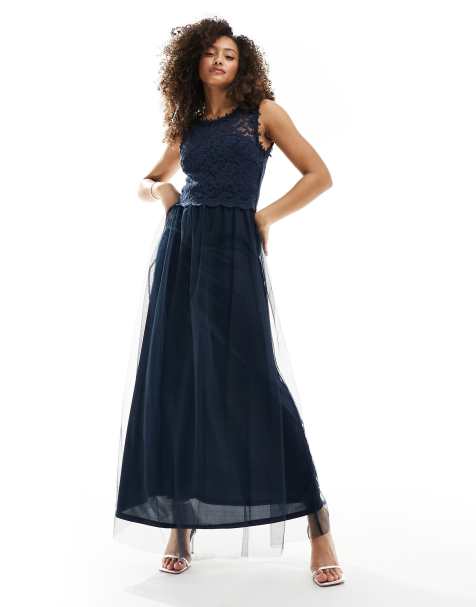 Vila - L'invitée - Robe longue en dentelle et tulle - Bleu marine - view 1