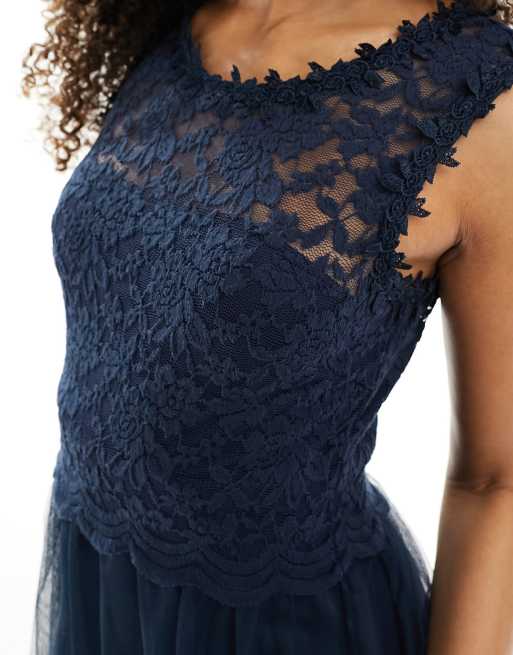Vila - L'invitée - Robe longue en dentelle et tulle - Bleu marine, 2 de 4